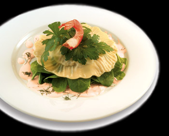 Large Round Raviolo containing a range of exotic and imaginative fillings.